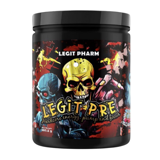 Legit Pharm Legit Pre pre-workout supplement container with a bold, colorful design featuring a yellow skull and artwork of animated characters. The text on the container reads 'Legit Pre - Hardcore energy, pump, and focus.' The container is black and holds 307.5 grams of product.