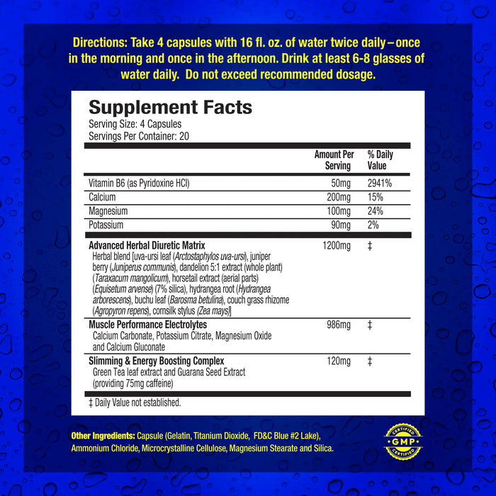 A close-up image showing the ingredients label of the MHP Xpel Diuretic supplement. The label lists various herbal and electrolyte components included in the product, likely intended to provide detailed supplement facts.