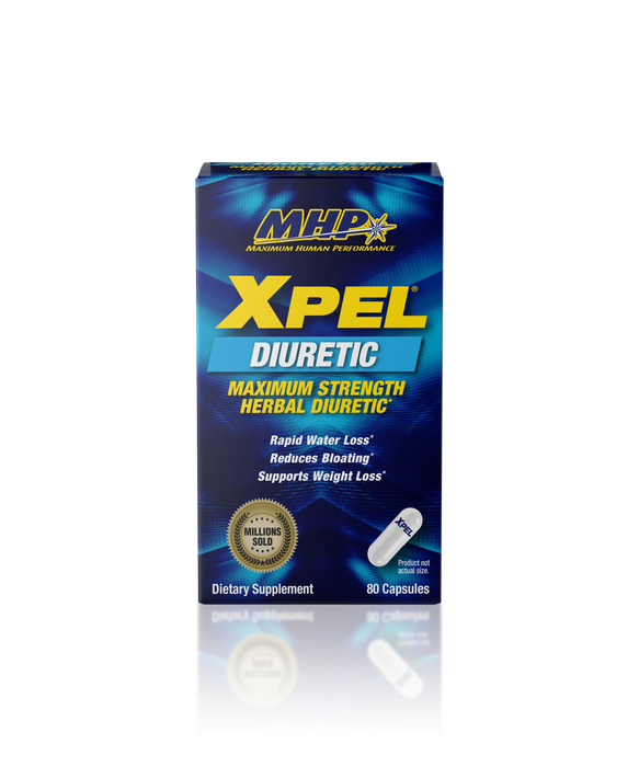 Image of the MHP Xpel Diuretic product box. The box is blue with the MHP logo at the top and the words 'Xpel Diuretic' prominently displayed in the center. It is described as a 'Maximum Strength Herbal Diuretic' that promotes rapid water loss, reduces bloating, and supports weight loss. The packaging also mentions that it contains 80 capsules and has sold millions of units.