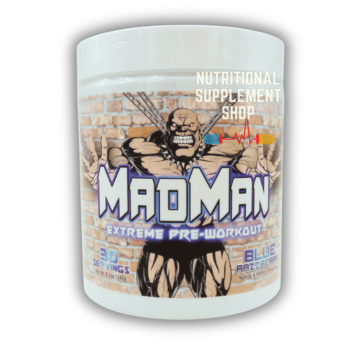 Front view of the MadMan Extreme Pre-Workout supplement container in Blue Razzberry flavor, featuring bold branding with a muscular cartoon figure against a brick wall background.