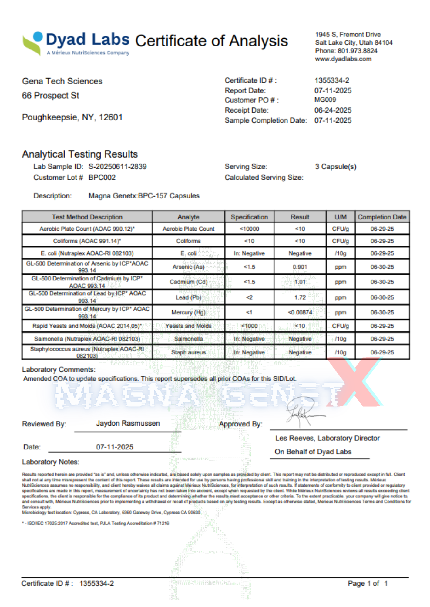 Dyad Labs Certificate of Analysis for Magneta Pure BFC-157 Capsules
