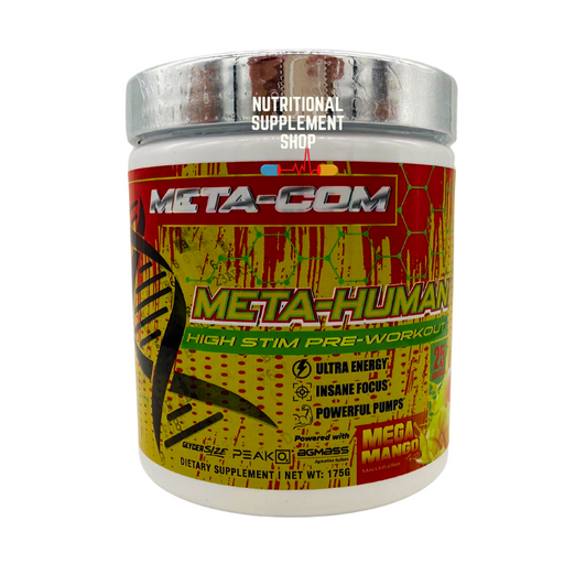 Meta-Com Meta-Human High Stim Pre-Workout in Mega Mango flavor, highlighting ultra energy, insane focus, and powerful pumps, with 25 servings in a vibrant red and yellow label design.