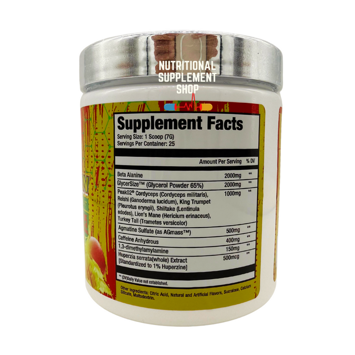 Supplement facts label of Meta-Com Meta-Human High Stim Pre-Workout showing key ingredients, including 2000mg Beta-Alanine, 2000mg GlycerSize™, 1000mg PeakO2™, and 400mg Caffeine Anhydrous.