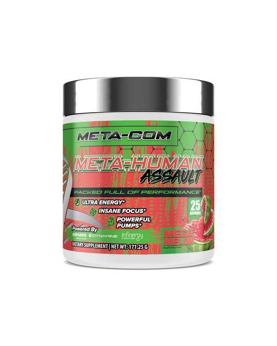 Meta-Com Meta-Human Assault pre-workout supplement in Mega Melon flavor, featuring 25 servings, highlighting ultra energy, insane focus, and powerful pumps on a vibrant red and green label.