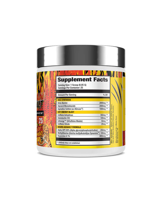 Supplement facts label of Meta-Com Meta-Human Assault pre-workout showing key ingredients including 2000mg Beta-Alanine, 2000mg Glycerol Monostearate, 1000mg Agmatine Sulfate, and a triple-caffeine blend.