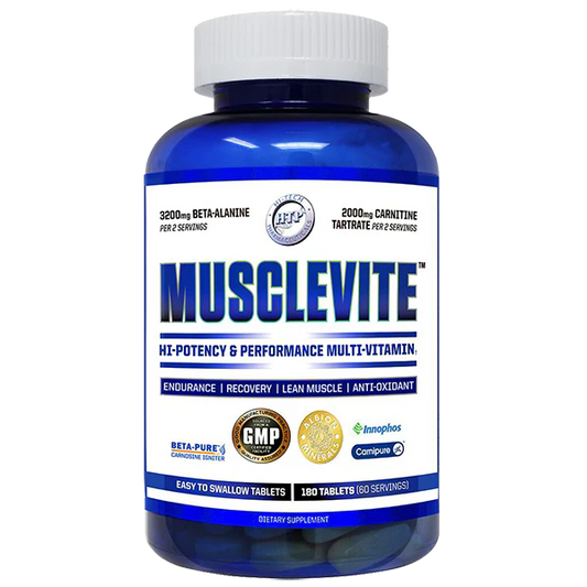 Hi Tech Pharmaceuticals MUSCLEVITE supplement bottle – Hi-Potency & Performance Multivitamin for endurance, recovery, lean muscle, and antioxidant support.