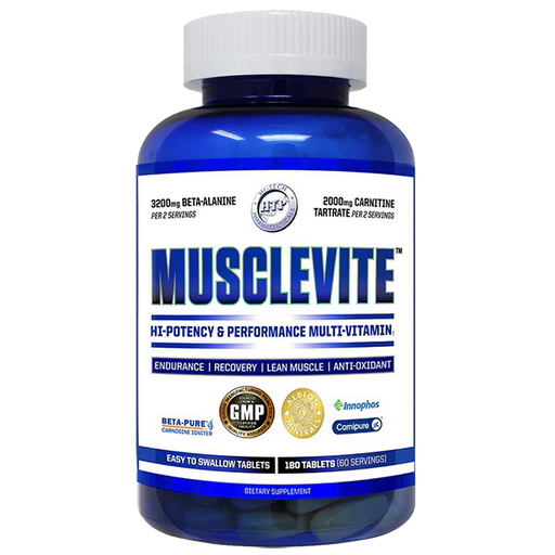 Hi Tech Pharmaceuticals MUSCLEVITE supplement bottle – Hi-Potency & Performance Multivitamin for endurance, recovery, lean muscle, and antioxidant support.