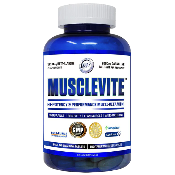 Hi Tech Pharmaceuticals MUSCLEVITE supplement bottle – Hi-Potency & Performance Multivitamin for endurance, recovery, lean muscle, and antioxidant support.