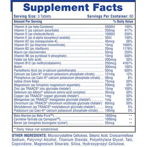 Supplement facts panel for Hi Tech Pharmaceuticals MUSCLEVITE, detailing vitamins, minerals, amino acids, and other nutrients in each serving.