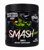 A black plastic tub of Klabs Smash AMF dietary supplement, featuring a green muscular cartoon character lifting a barbell on the label, with bold white and red text, set against a plain white background.