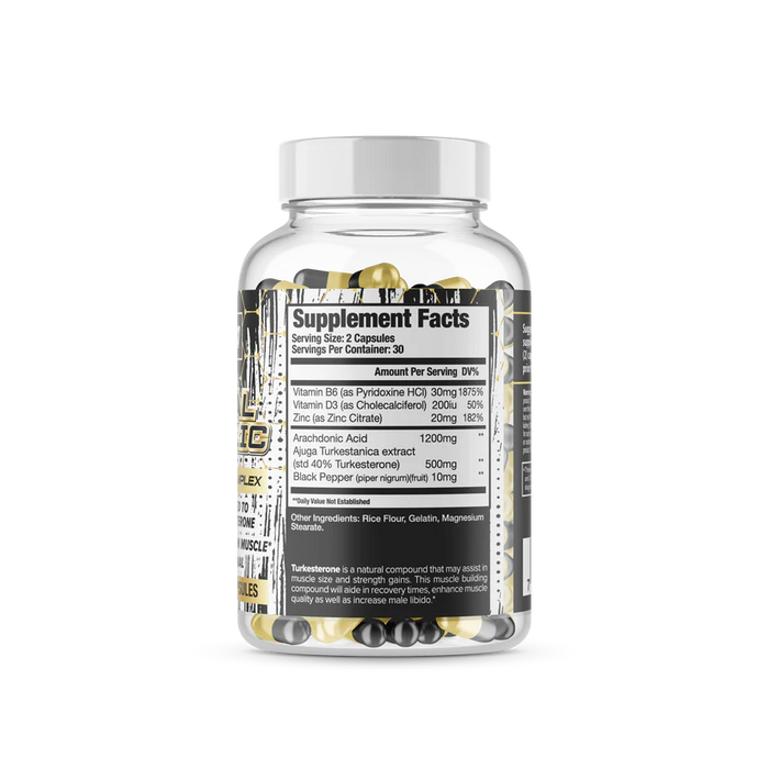 Supplement facts of NaturalBolic Lean Builder, highlighting 40% Turkesterone extract and 1,200 mg Arachidonic Acid.