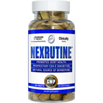 Transparent bottle of Nexrutine with blue label, stating it promotes joint health and contains natural berberine.