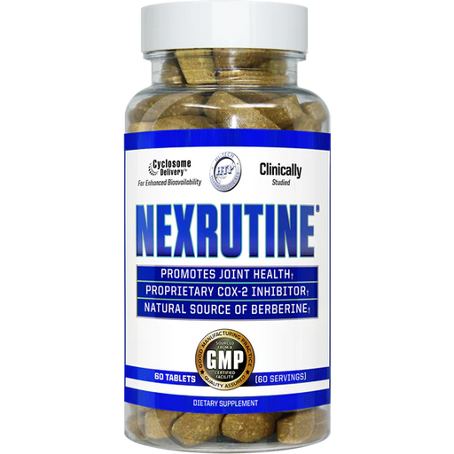 Transparent bottle of Nexrutine with blue label, stating it promotes joint health and contains natural berberine.