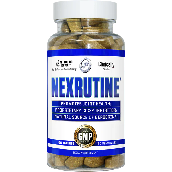 Transparent bottle of Nexrutine with blue label, stating it promotes joint health and contains natural berberine.