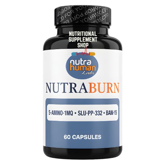 NutraBurn supplement bottle with NutraHuman Labs branding on a white background