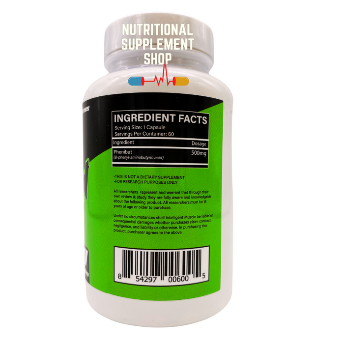 Back view of the Intelligent Muscle Raw Phenibut bottle, showing the supplement facts, usage instructions, and barcode for the 500mg, 60-capsule product.