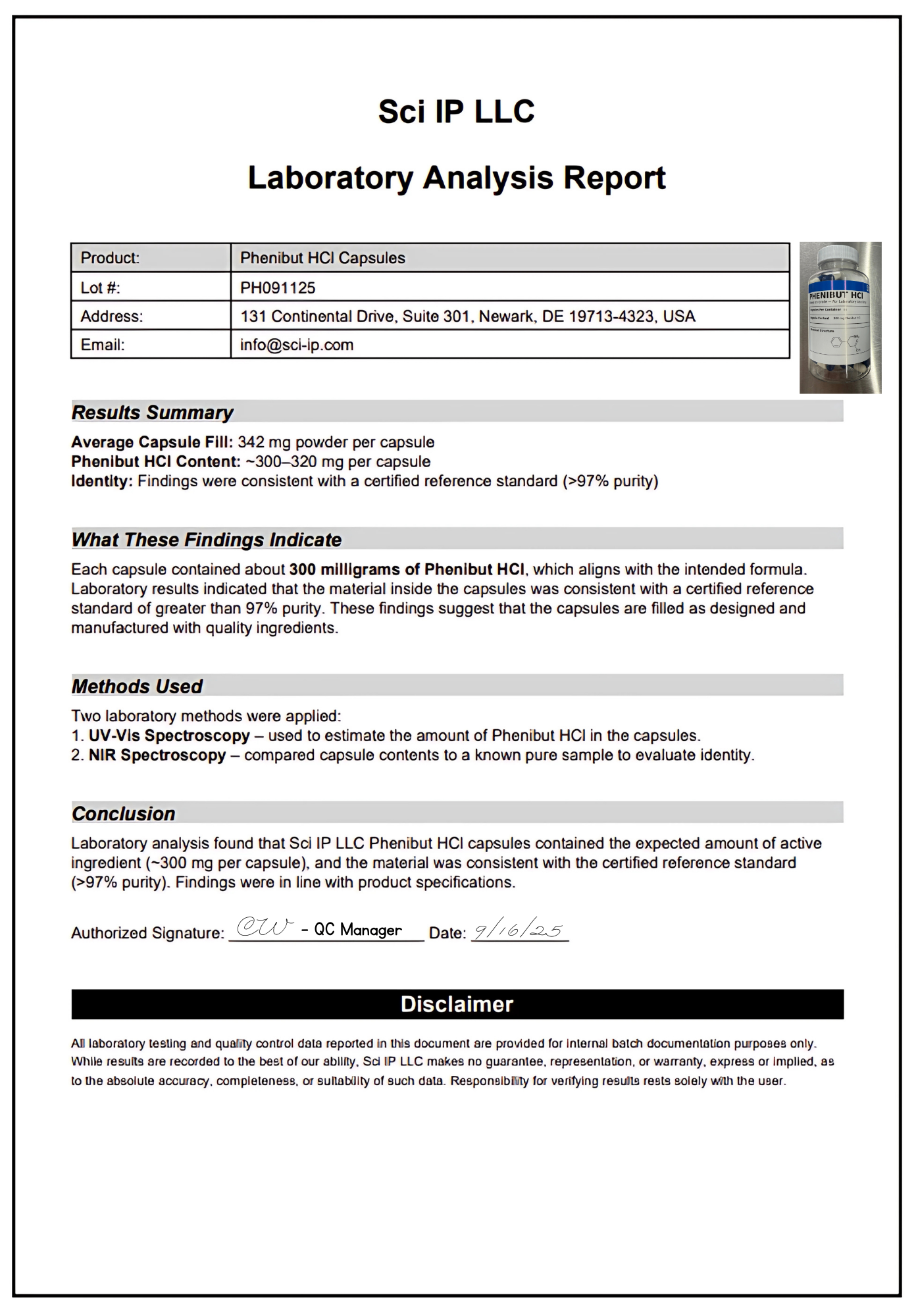 Laboratory analysis report for Phenibut HCI Capsules from Sci IP LLC