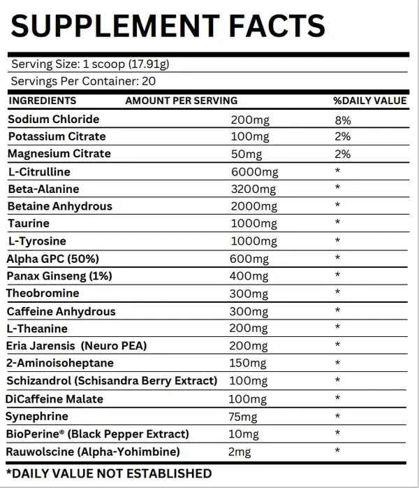 Supplement facts label with various ingredients and their amounts per serving.
