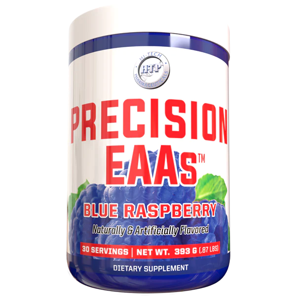 A container of Hi Tech Pharmaceuticals Precision EAAs dietary supplement, 30 servings size.