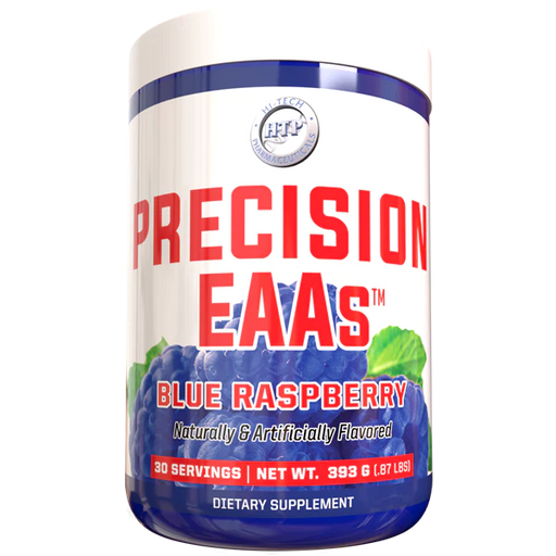 A container of Hi Tech Pharmaceuticals Precision EAAs dietary supplement, 30 servings size.