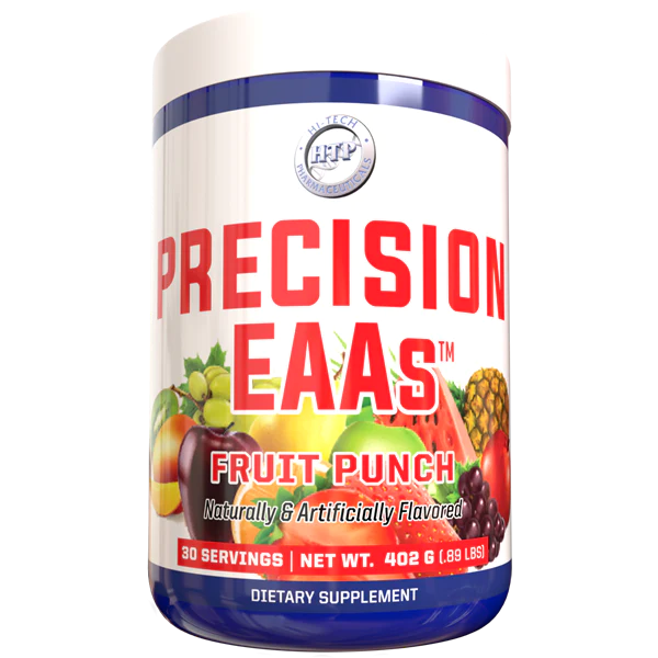 A container of Hi Tech Pharmaceuticals Precision EAAs dietary supplement, 30 servings size.