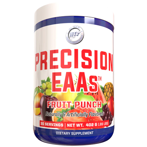 A container of Hi Tech Pharmaceuticals Precision EAAs dietary supplement, 30 servings size.