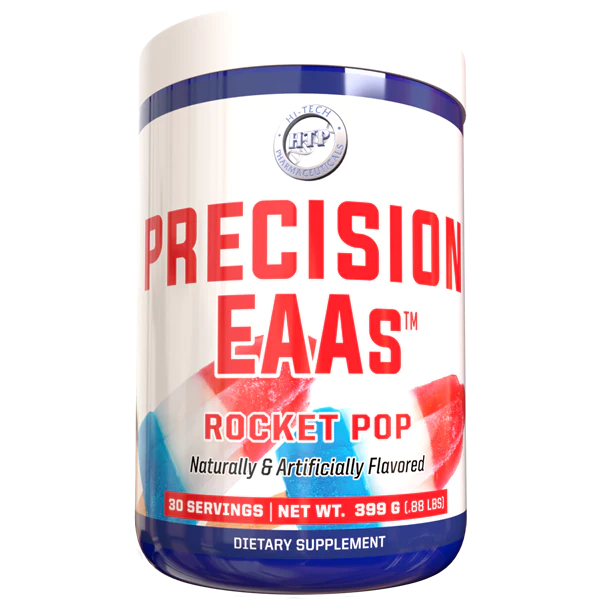 A container of Hi Tech Pharmaceuticals Precision EAAs dietary supplement, 30 servings size.