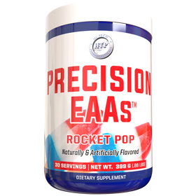 A container of Hi Tech Pharmaceuticals Precision EAAs dietary supplement, 30 servings size.