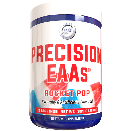 A container of Hi Tech Pharmaceuticals Precision EAAs dietary supplement, 30 servings size.