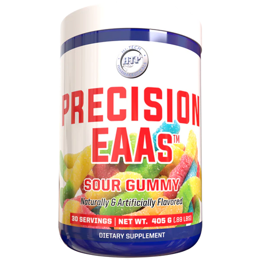 A container of Hi Tech Pharmaceuticals Precision EAAs dietary supplement, 30 servings size.