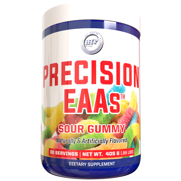 A container of Hi Tech Pharmaceuticals Precision EAAs dietary supplement, 30 servings size.