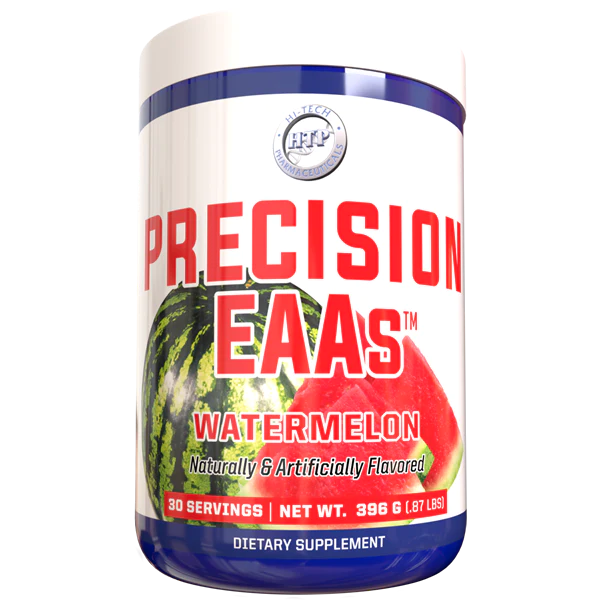 A container of Hi Tech Pharmaceuticals Precision EAAs dietary supplement, 30 servings size.
