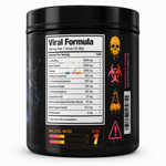A black plastic tub of 'Viral Formula' dietary supplement powder, featuring a detailed nutrition label and graphic warning symbols on the side, set against a plain white background.