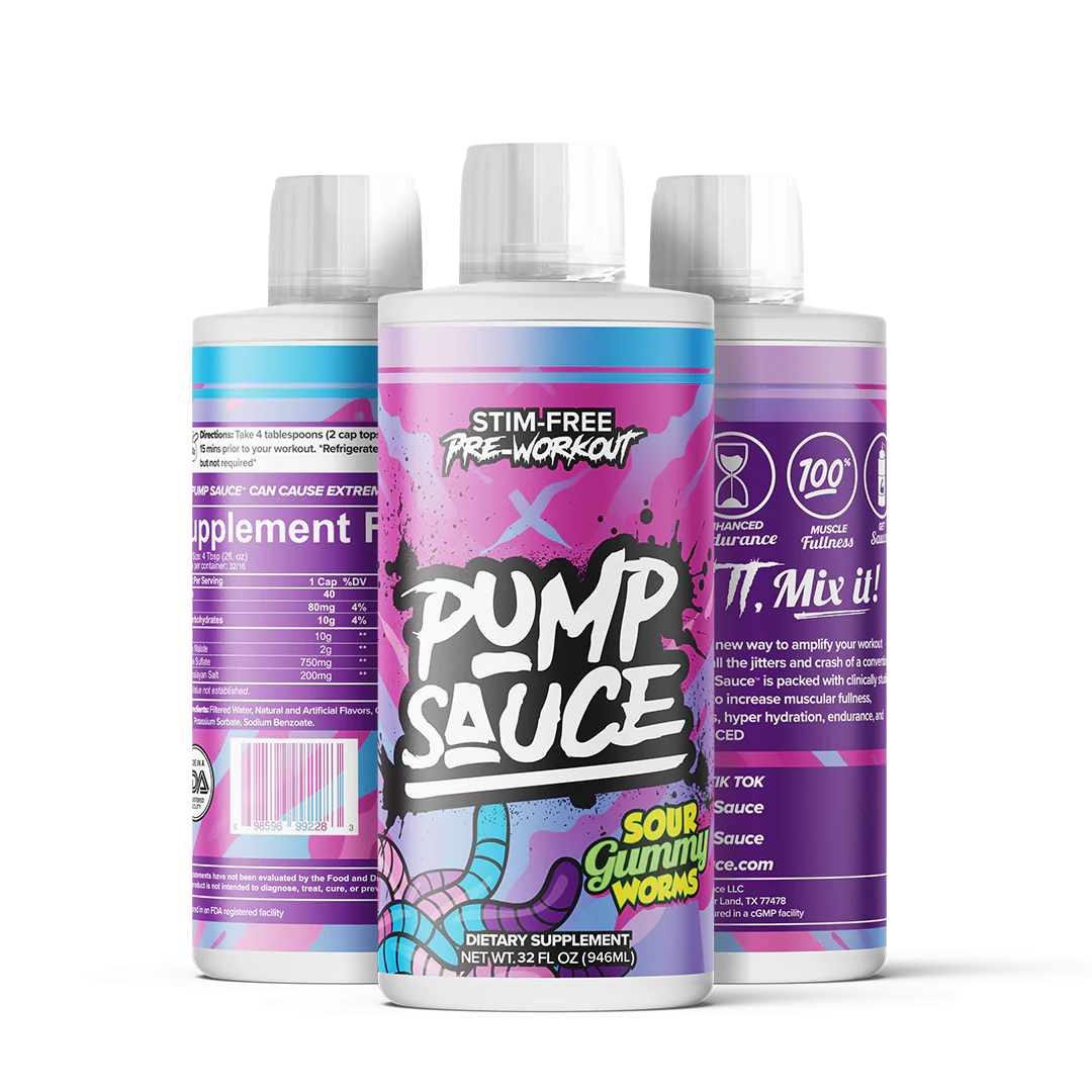 Pump Sauce Stim-Free Pre-Workout liquid supplement in the Sour Gummy Worms flavor. The image shows three bottles, front and back views, with colorful packaging that highlights the product's name, flavor, and key benefits. The front of the bottle reads 'Pump Sauce' and 'Sour Gummy Worms,' with a note about it being a dietary supplement.