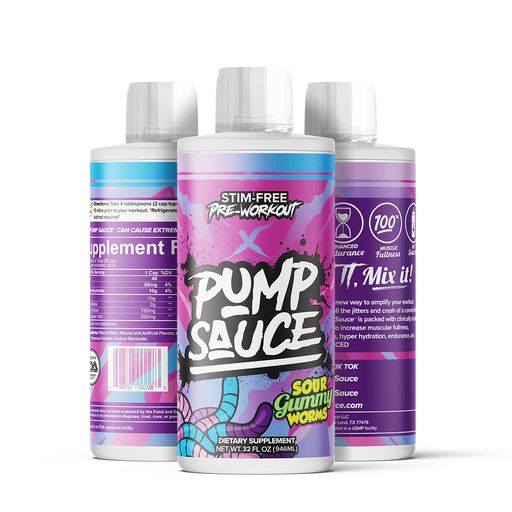 Pump Sauce Stim-Free Pre-Workout liquid supplement in the Sour Gummy Worms flavor. The image shows three bottles, front and back views, with colorful packaging that highlights the product's name, flavor, and key benefits. The front of the bottle reads 'Pump Sauce' and 'Sour Gummy Worms,' with a note about it being a dietary supplement.