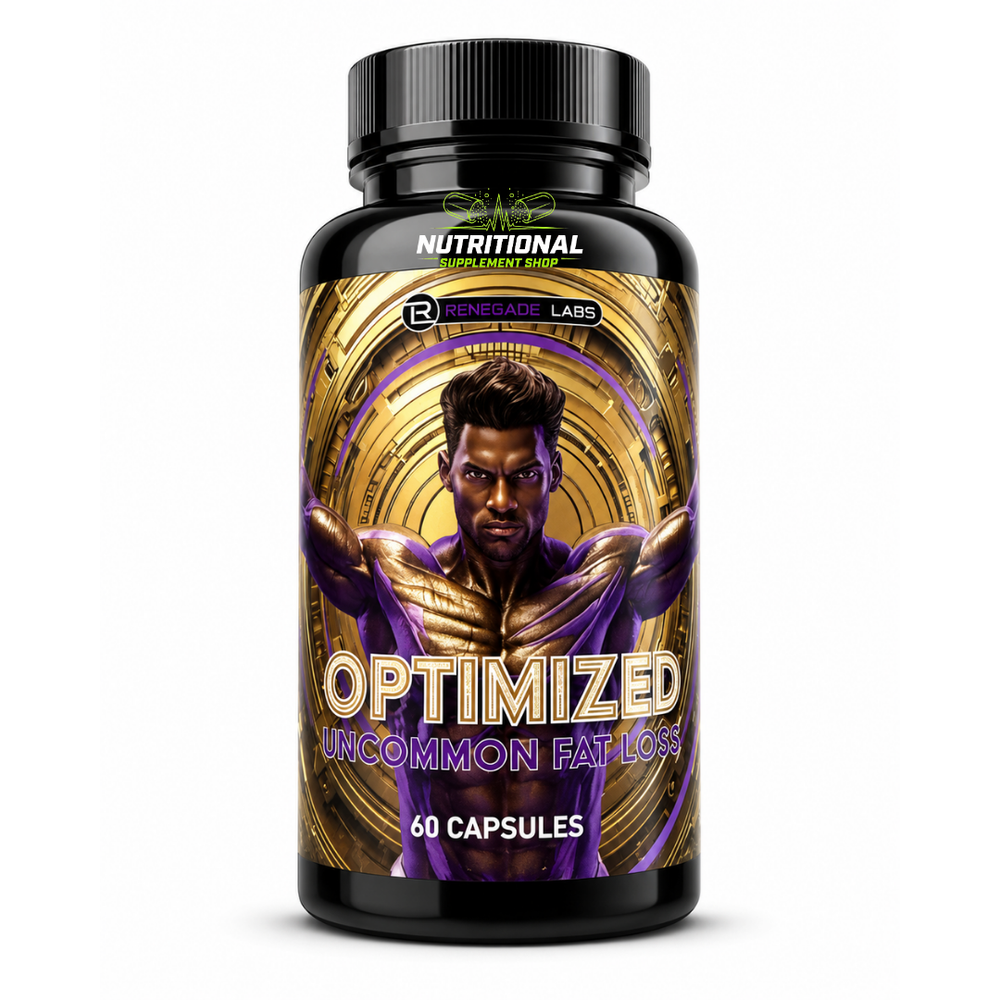 Supplement bottle labeled 'Optimized Uncommon Fat Loss' with a muscular figure on the label.