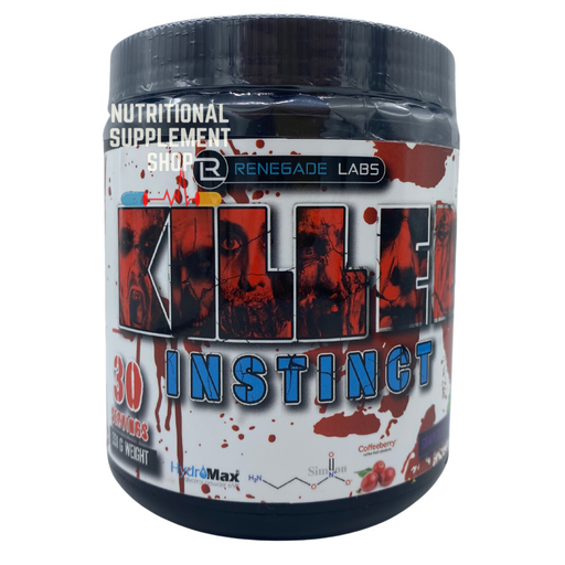 Renegade Labs Killer Instinct Pre-Workout 30 servings container, featuring intense red and black design with product branding and ingredient highlights such as HydroMax, Sim-Ex, and Coffeeberry.