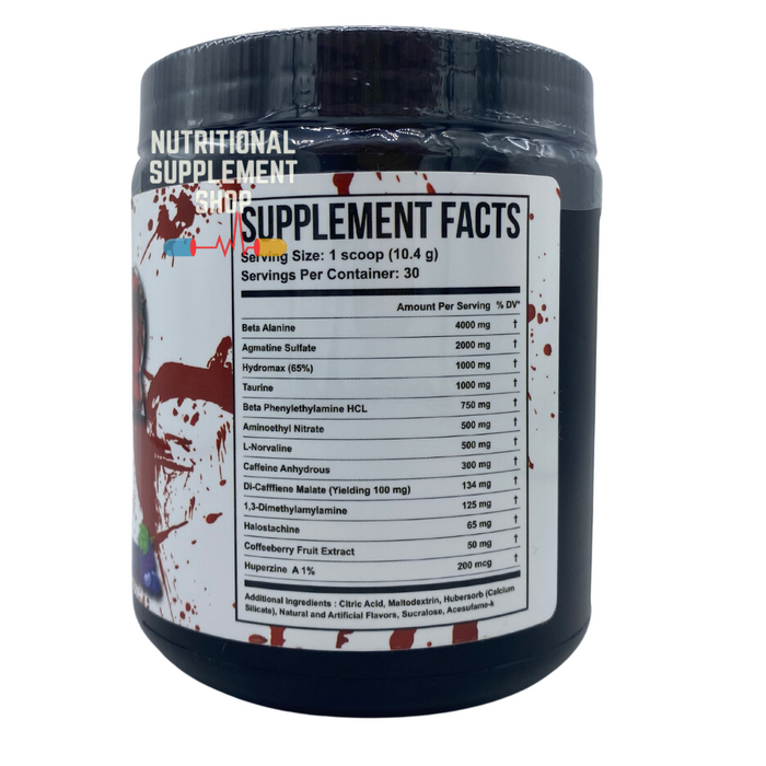 Renegade Labs Killer Instinct Pre-Workout supplement facts panel showing serving size, ingredients including Beta Alanine, Agmatine Sulfate, Caffeine Anhydrous, and Di-Caffeine Malate, and detailed dosages per serving.