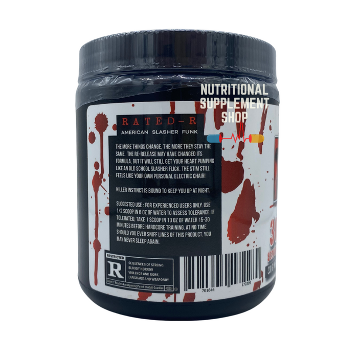 Renegade Labs Killer Instinct Pre-Workout container back view, displaying a 'Rated-R' American Slasher Funk theme, with suggested use instructions for experienced users and a warning about stimulant effects.