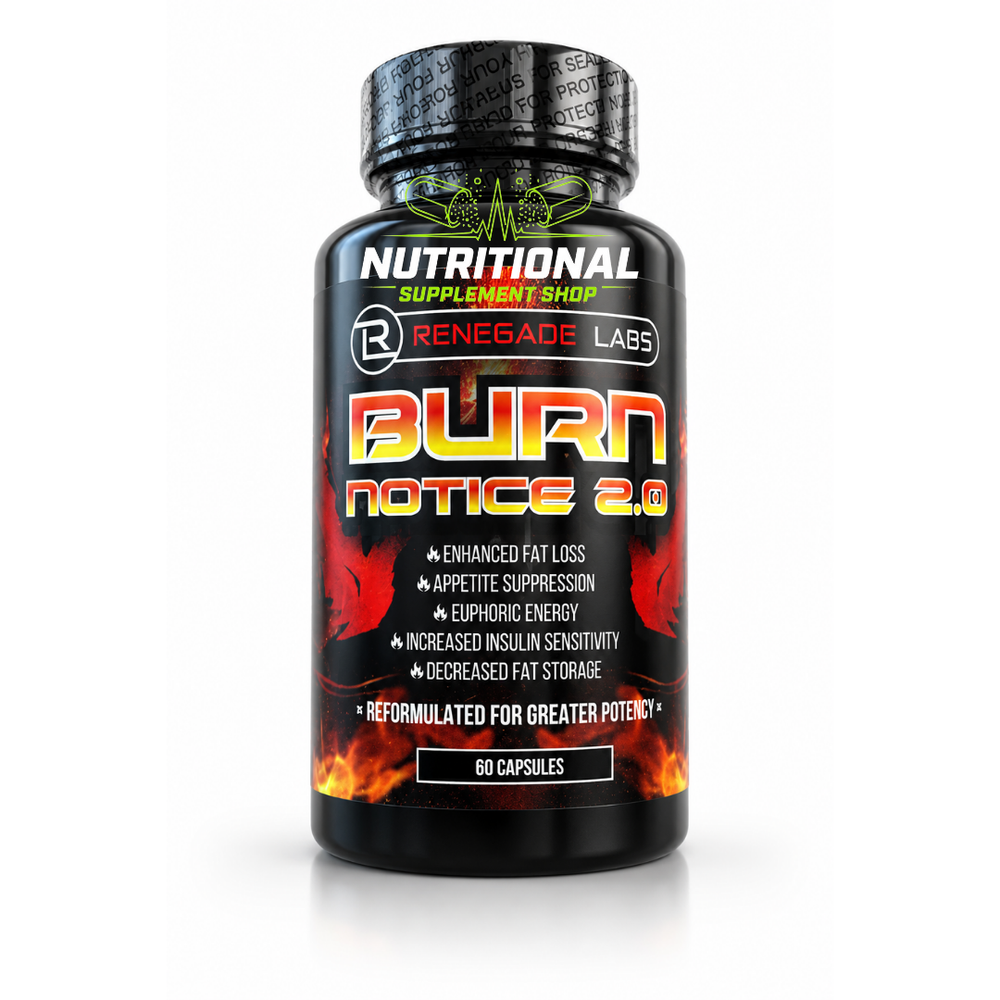 Supplement bottle labeled 'Burn Notice 2.0' by Renegade Labs on a white background