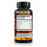 Supplement bottle with fiery design and nutritional facts label on a white background