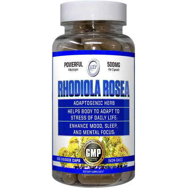 Bottle of Rhodiola Rosea supplement with label on a white background