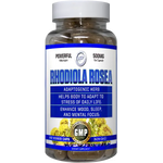 Bottle of Rhodiola Rosea supplement with label on a white background