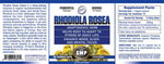Supplement label for Rhodiola Rosea with text and graphics on a blue background