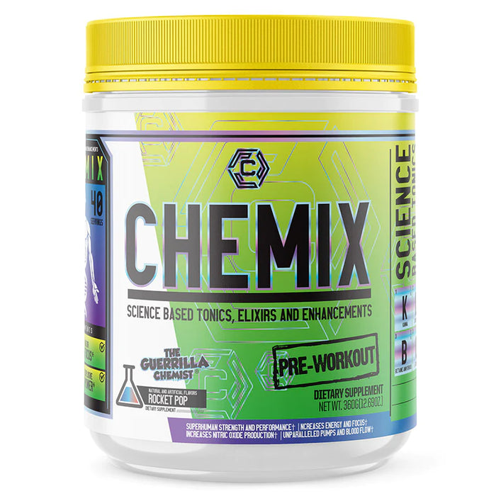 Jar of Chemix Pre-Workout dietary supplement in Rocket Pop flavor featuring The Guerrilla Chemist branding and boasting benefits such as superhuman strength, increased energy and focus, enhanced nitric oxide production, and unparalleled pumps.
