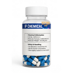 Bottle of blue and white capsules with a label on a white background