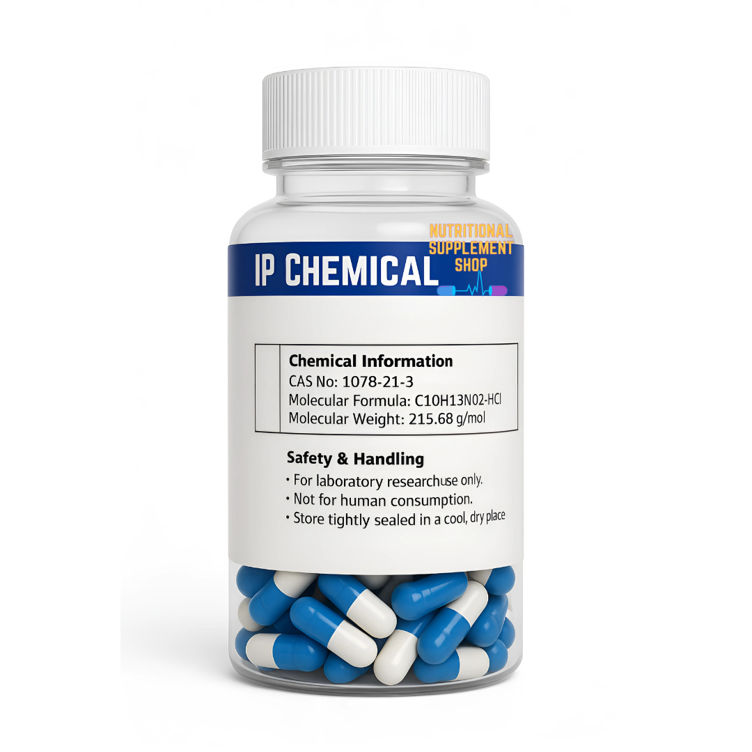 Bottle of blue and white capsules with a label on a white background