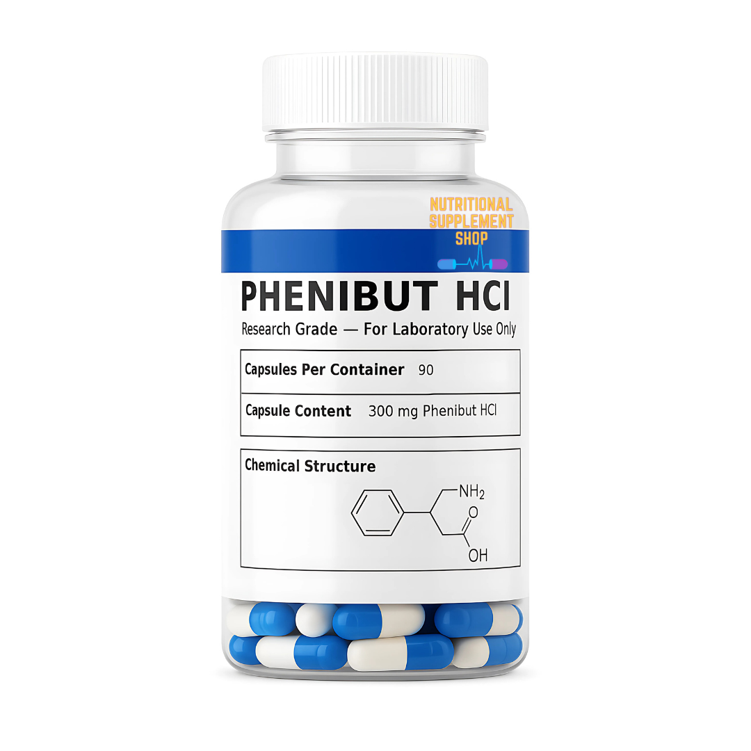 Bottle of Phenibut HCI capsules with a white label on a white background