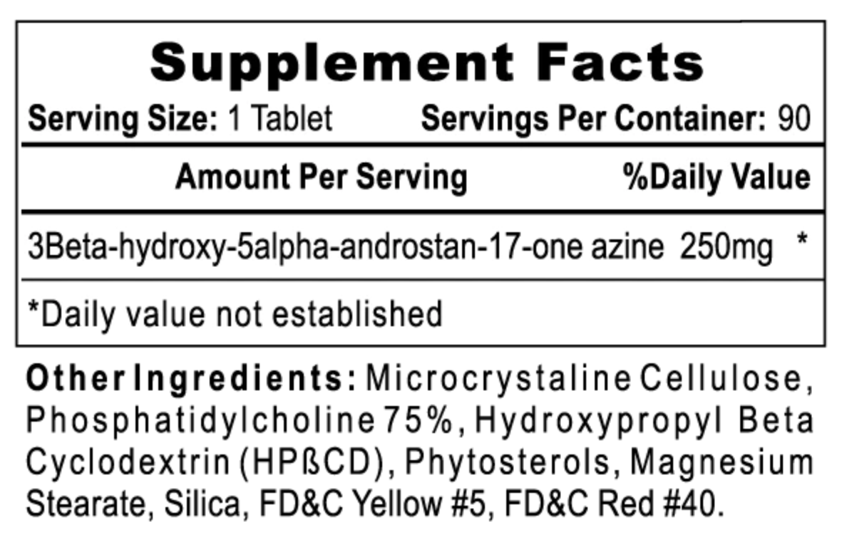 Supplement facts label for Dymethazine by Hi-Tech Pharmaceuticals, detailing a serving size of one tablet with 250mg of 3Beta-hydroxy-5alpha-androstan-17-one azine and other ingredients like microcrystalline cellulose, phosphatidylcholine, HPβCD, phytosterols, and various color additives