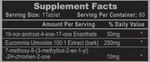 Supplement facts label for Osta-Plex by Hi-Tech Pharmaceuticals, detailing a serving size of one tablet with ingredients including 50mg of 19-nor-androst-4-ene-17-one enanthate, 250mg of Eucommia ulmoides extract, and 10mg of 7-methoxy-8-(3-methylbut-2-en-1-yl)-2H-chromen-2-one